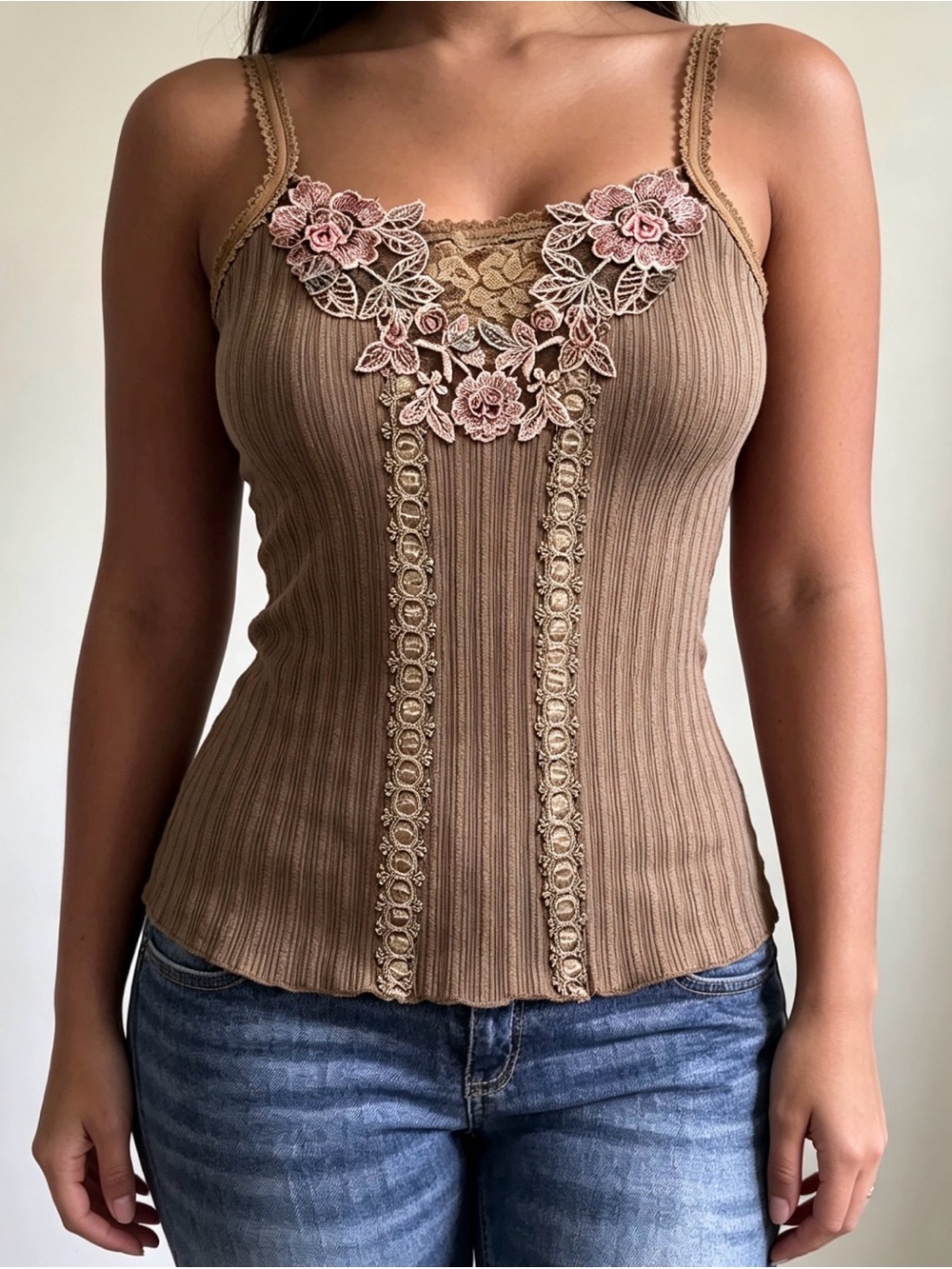 Y2K Orsay Romantic Ribbed Knit Floral Tank